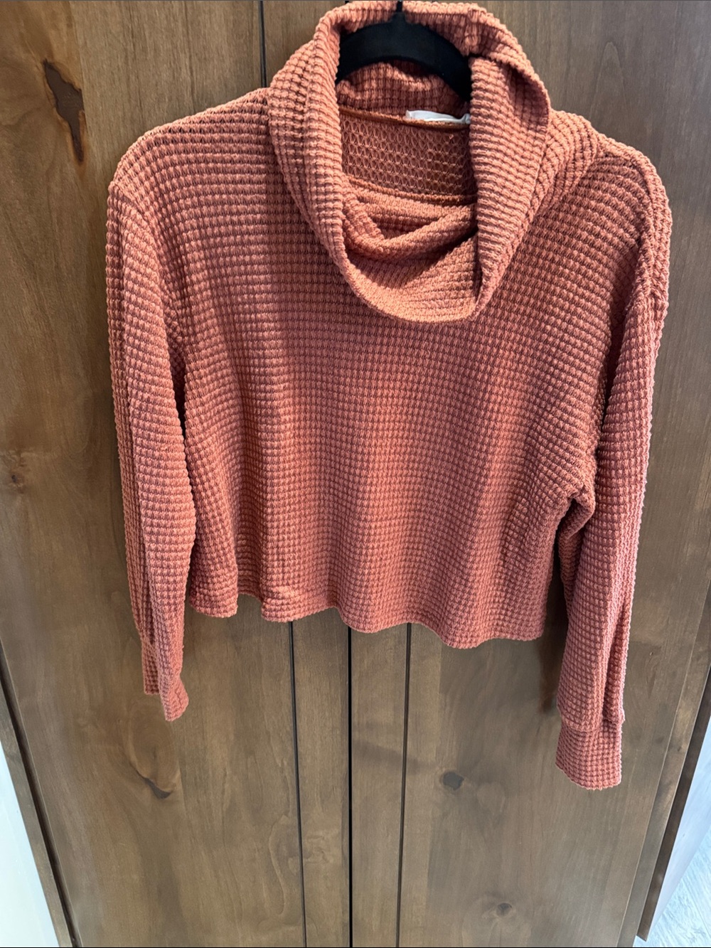 Waffle Knit Cowl Neck Sweater - Rust